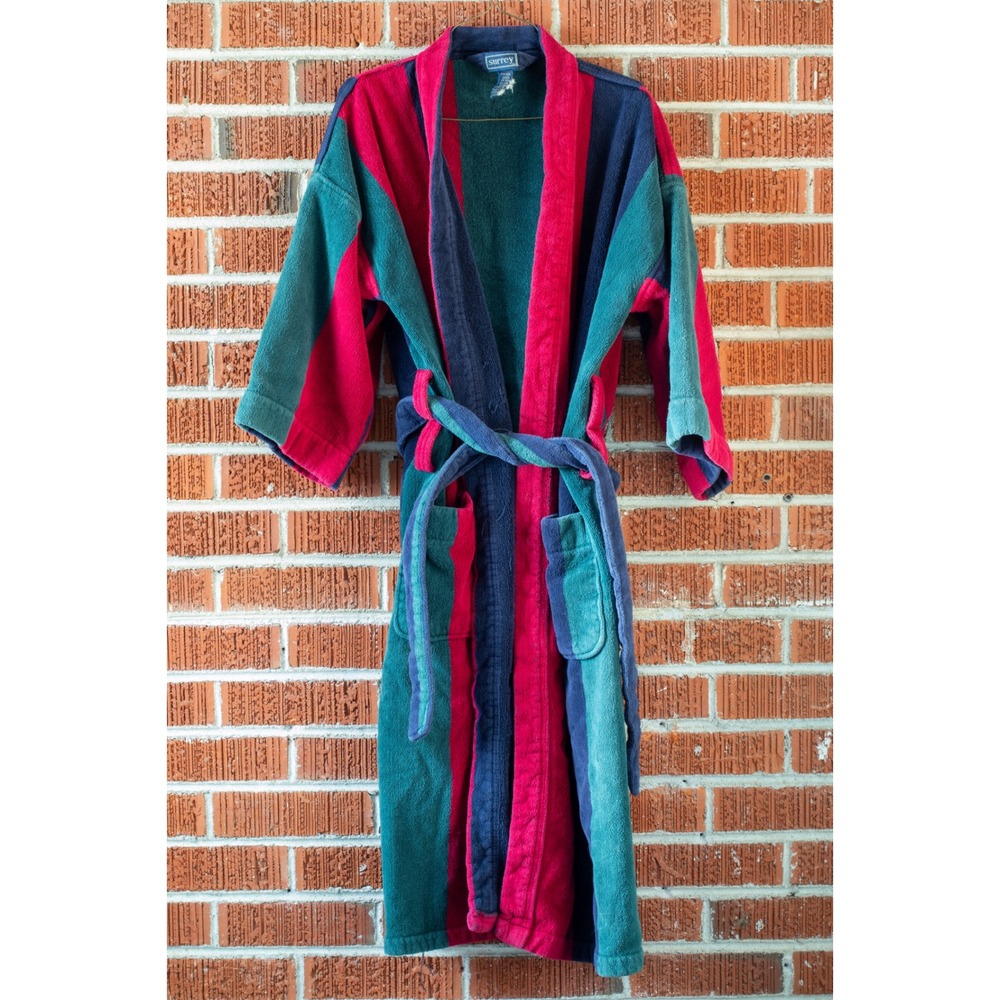 Vtg 90s Surrey Colorblock Terry Cloth Bathrobe Mens Made in Turkey Heavy Belted